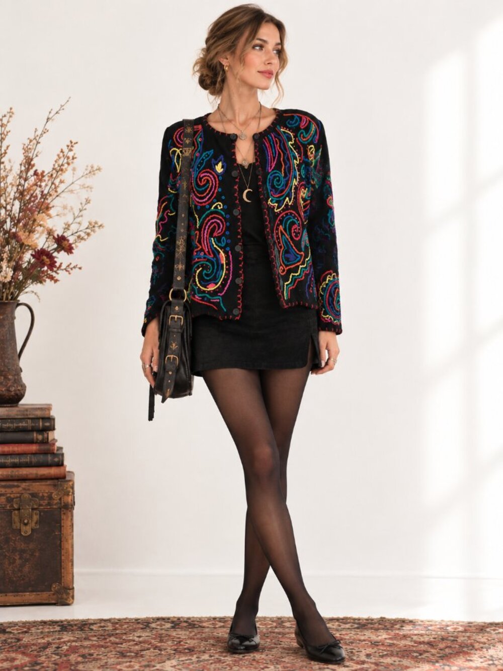 VTG Kitty Hawk Vivian Wang Women's Black Wool Embroidered Cardigan M Whimsical